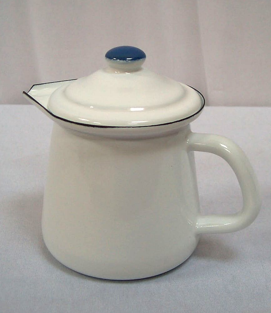 G1563 Cream Jug with lid, Milk Jug, Enamel, White blue Border eBay