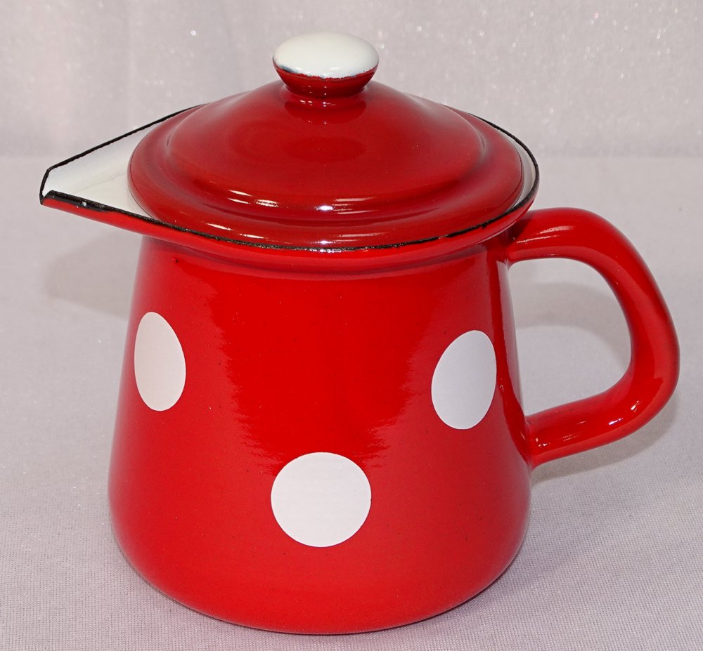 G1595 Cream Jug with Lid, Milk Jug, Enamel, Spots Red White eBay