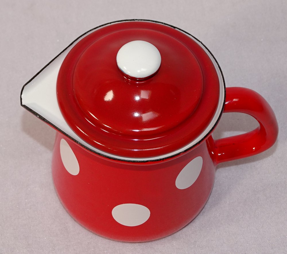 G1595 Cream Jug with lid, Milk Jug, Enamel, Spots Red White eBay