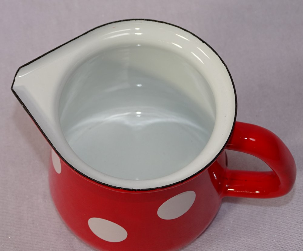 G1595 Cream Jug with Lid, Milk Jug, Enamel, Spots Red White eBay